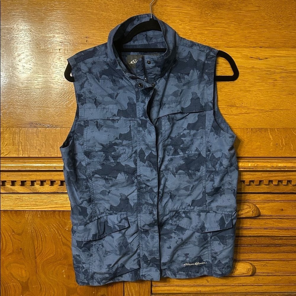 Eddie Bauer Womens Blue Camo Utility Vest Gorpcore Full Zip Hiking Outdoor